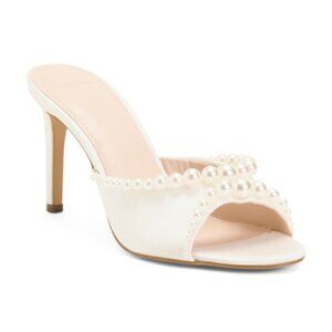BLACK SUEDE STUDIO Round Toe Faux Pearl Mules White
